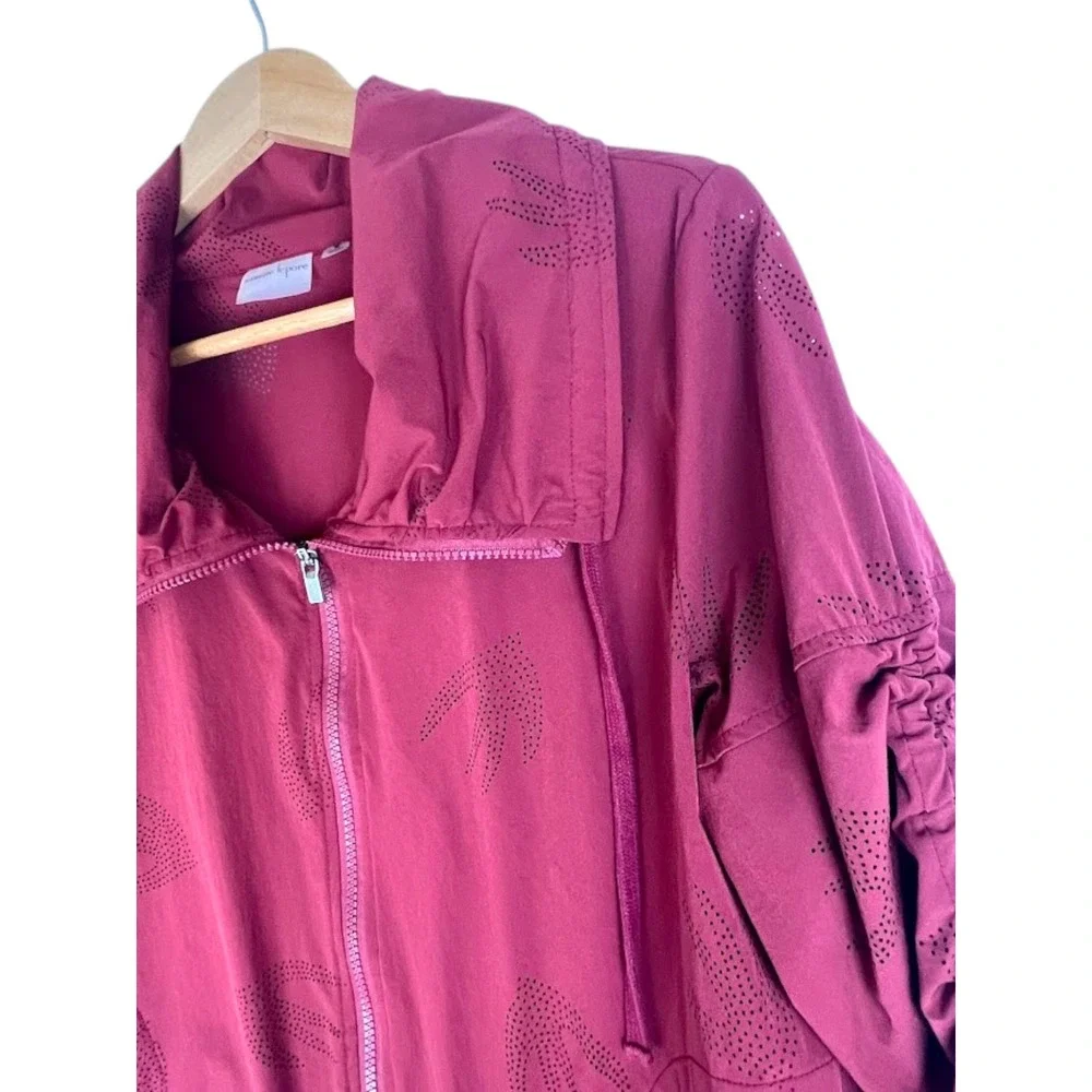 Nanette Lepore Burgundy Laser Cut Perforated Bird Zip Up Jacket‎ Ruched Sleeve M